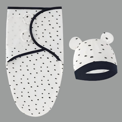 BONNET NAISSANCE BEBE et couverture d'emmaillotage bleu fonce