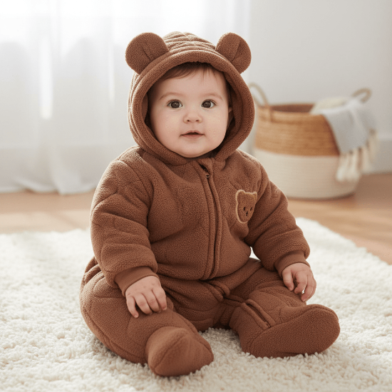 Combinaison Bébé Ourson Bisou Doux - Confortable Bébé habillé avec une combinaison brune à capuche
