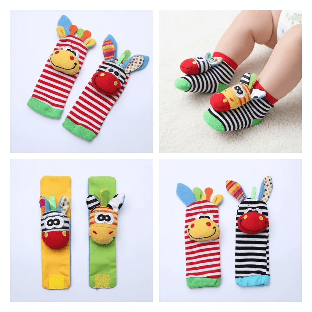 Hochet Bébé Rigolo Set 4 Pièces - Sensoriel Complet Hochets-chaussettes bébé avec animaux colorés