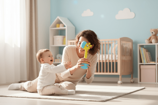 hochet bébé avec
Maman jouant à coucou avec bébé et hochet girafe