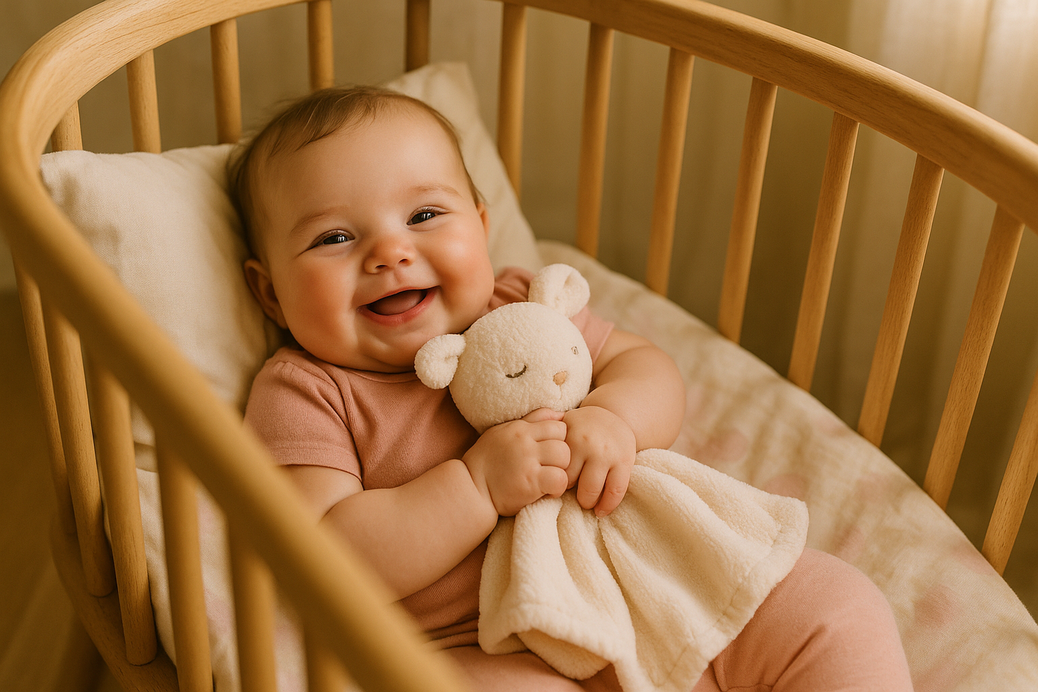 un bébé fille heureux avec sa doudou dans son berceau