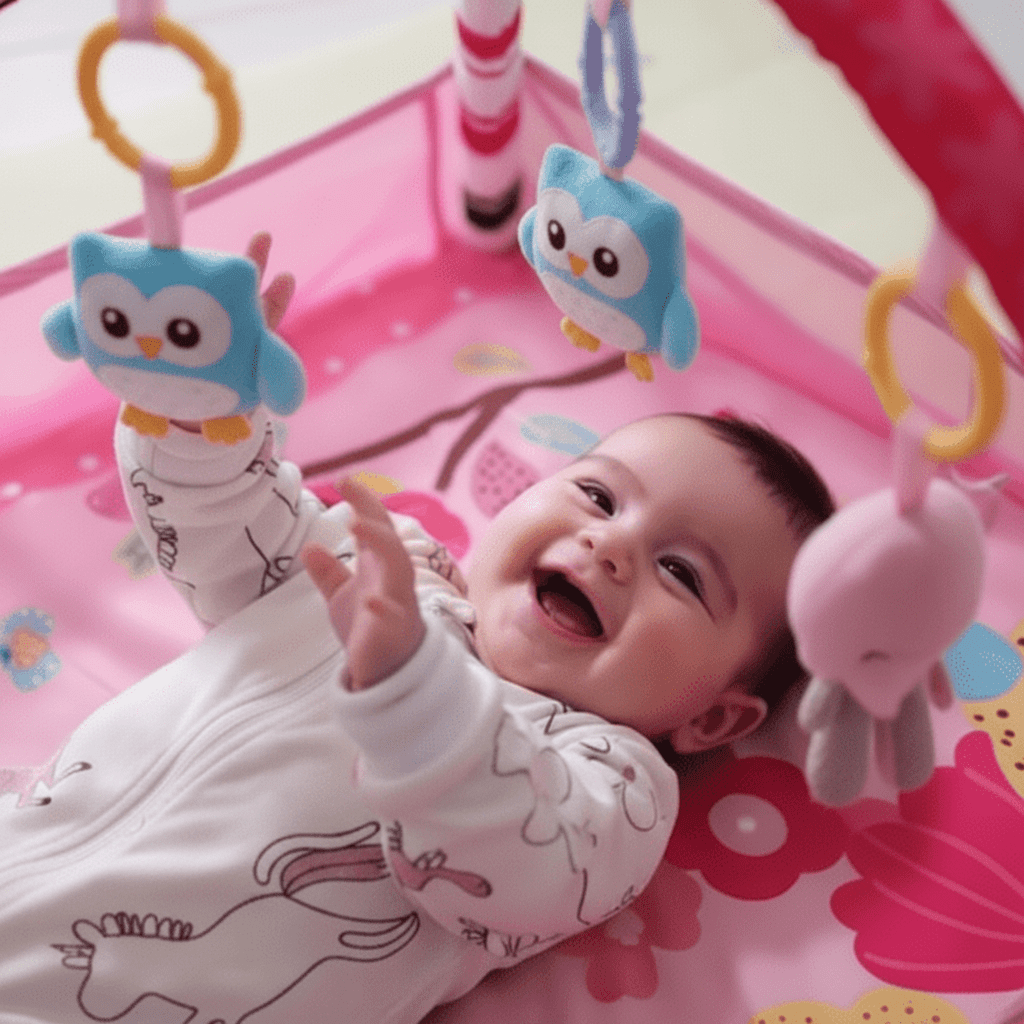 Tapis d'Éveil Évolutif bebe souriant sur le dos touchant les hiboux