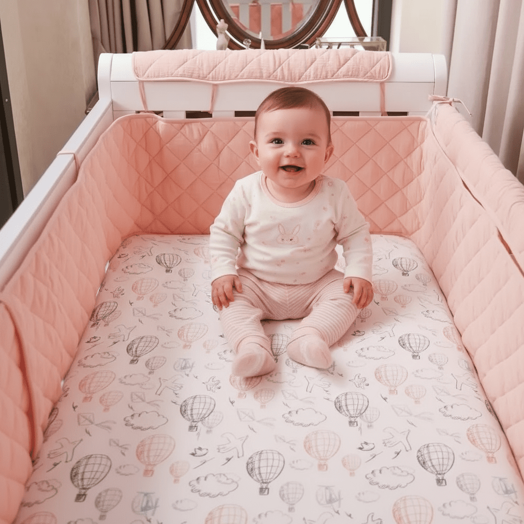 contour de lit de bébé rose avec bebe assis