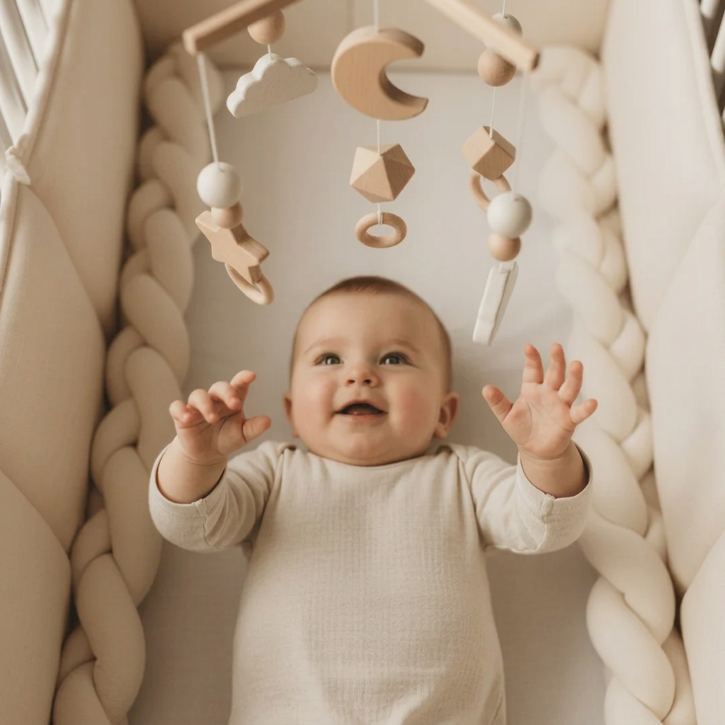 Gros plan du bébé et du mobile en bois
