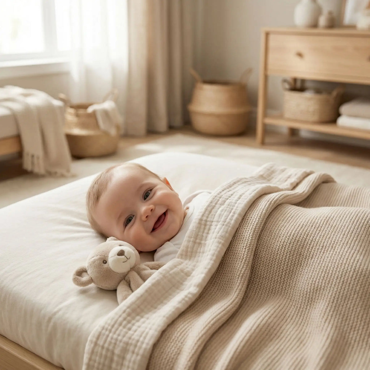 Couverture bébé beige garcon qui sourit 