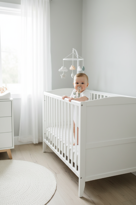 Attache Tetine Silicone rose jolie Bébé dans son lit avec attache-tétine