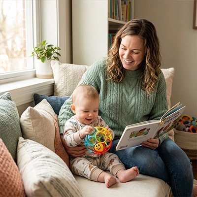Balle sensorielle bebe avec sa maman doucement assis 