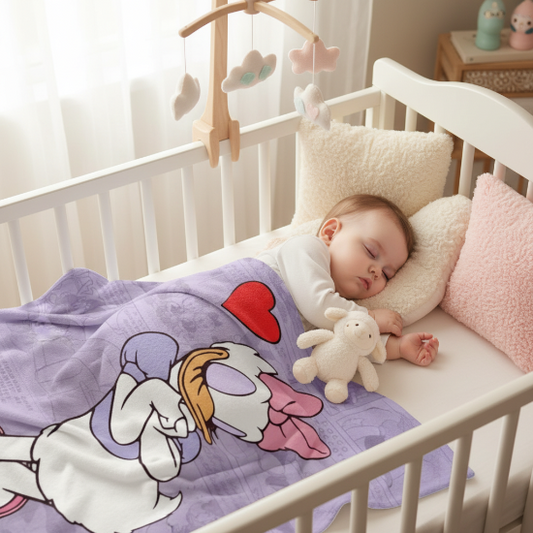 Couverture Bébé endormi avec couverture lilas mobile coussins et doudou