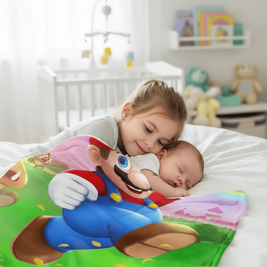 Couverture Bébé endormi sous couverture petit Mario avec sa sœur