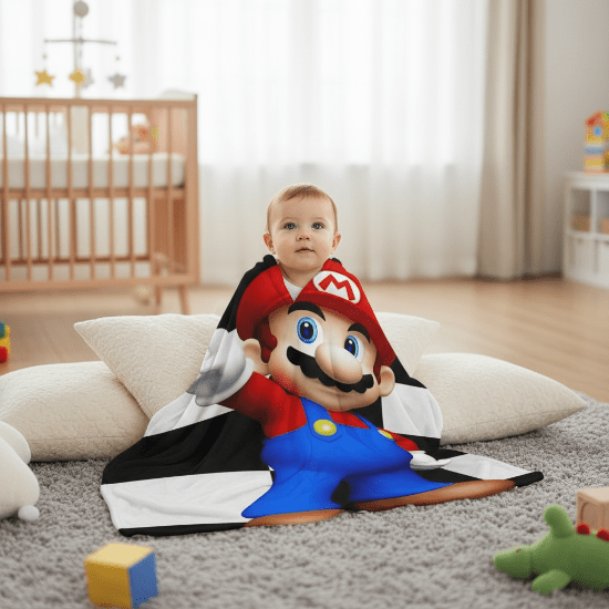 Couverture Bébé rouge assis avec couverture petit Mario noir et blanc