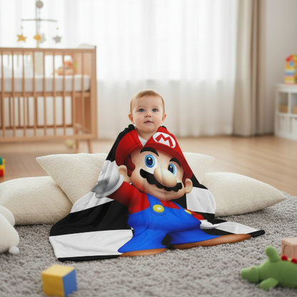 Couverture Bébé rouge assis avec couverture petit Mario noir et blanc