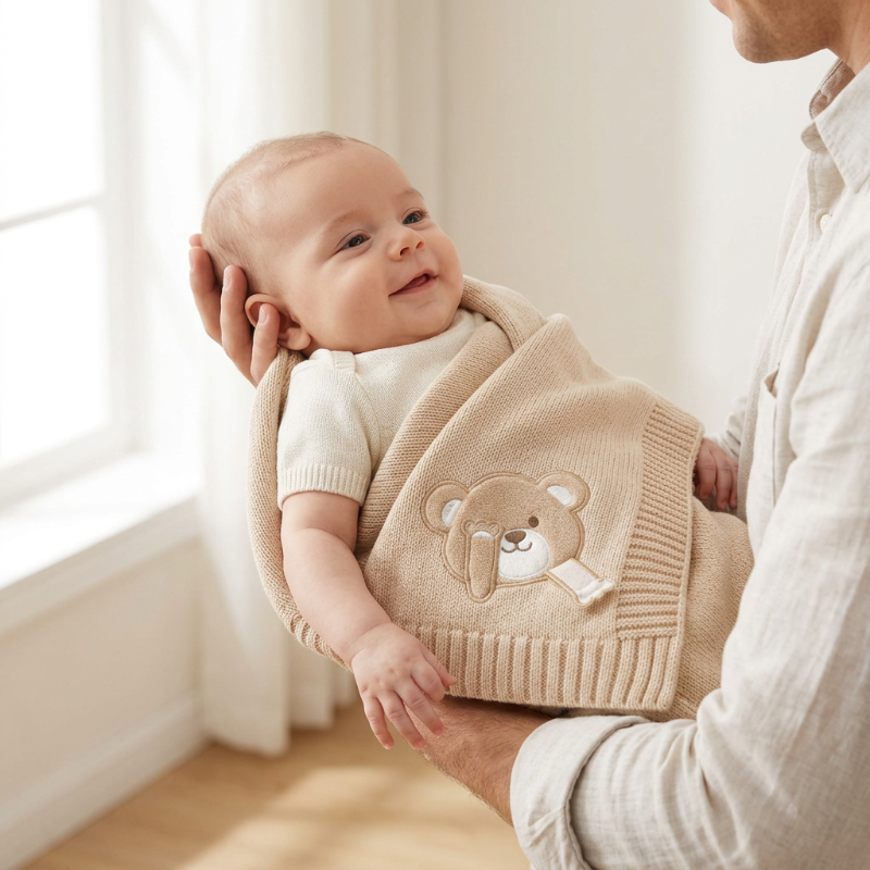 Couverture chaude bébé  confortablement enveloppé dans sa couverture dans les bras de papa