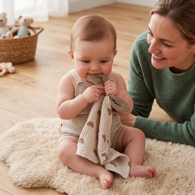 Doudou Lapin Coquin doudou pour garçon asis avec maman 
