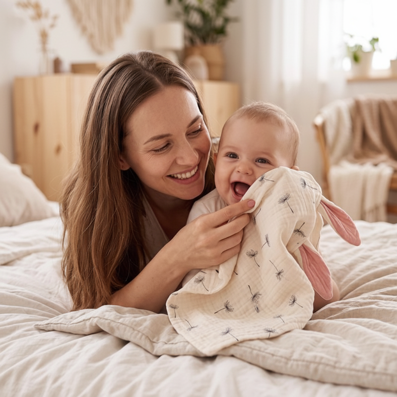 Doudou mixte bébé lit maman qui caresse bebe 