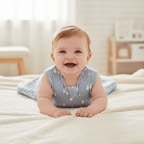 Gigoteuse bébé fille bleue Bébé souriant en gigoteuse bleue moutons