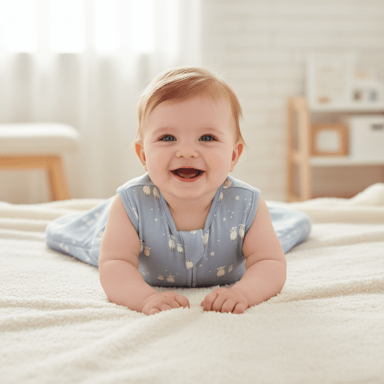 Gigoteuse bébé fille bleue Bébé souriant en gigoteuse bleue moutons