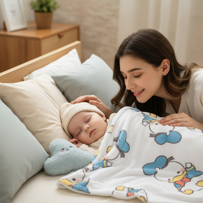 Couverture bébé Maman regardant son bébé avec chapeau endormi avec couverture petits canards