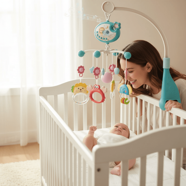  Maman souriante activant le mobile musical bébé  