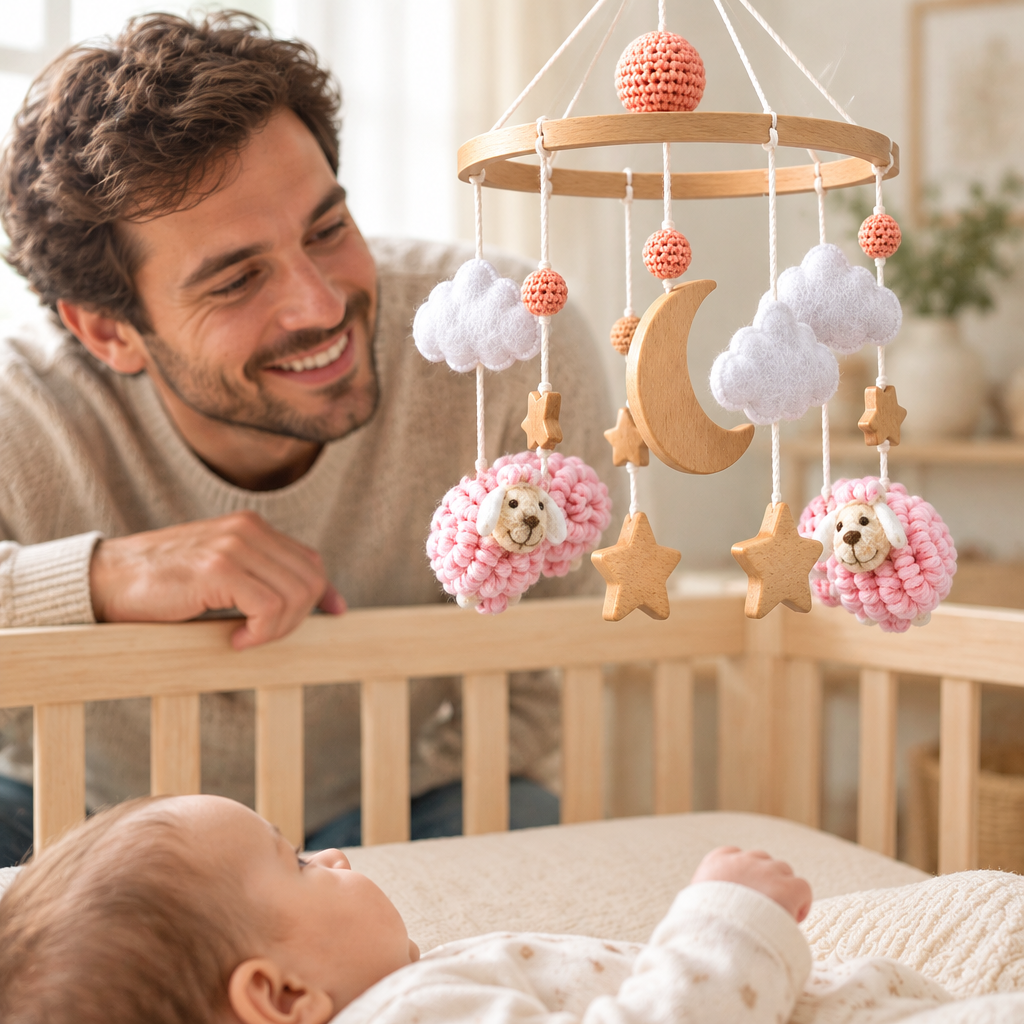 Mobile bébé dans une chambre de bébé avec un papa
