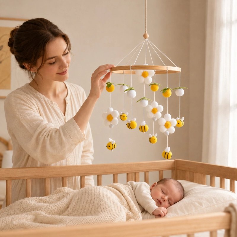 Mobile bébé fleur de laine jaune abeille