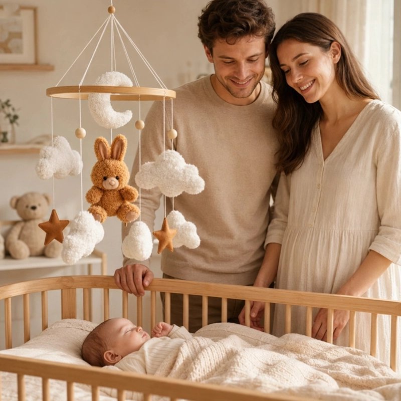 Mobile bébé lapin papa et maman ui regardent 
