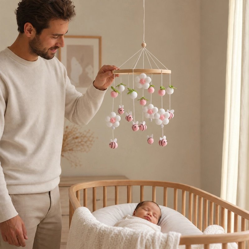 Mobile bébé papa qui regarde bebe attentionne