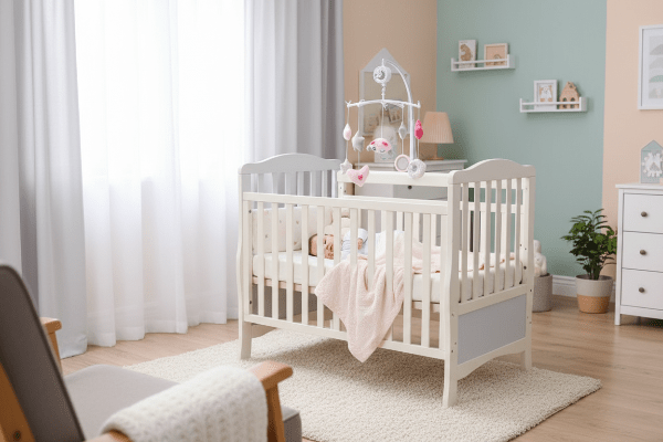 Mobile musical pour bebe Moment tendre maman et bébé Vue d'ensemble chambre bébé avec mobile