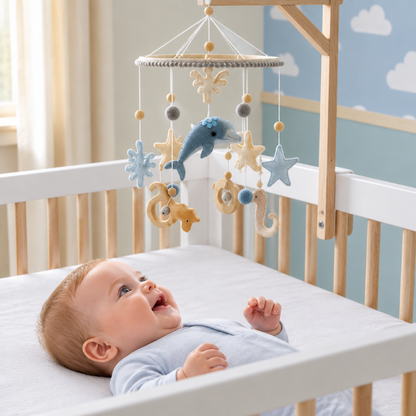 Mobile pour bébé Bébé éveillé observant le mobile, vue latérale rapprochée