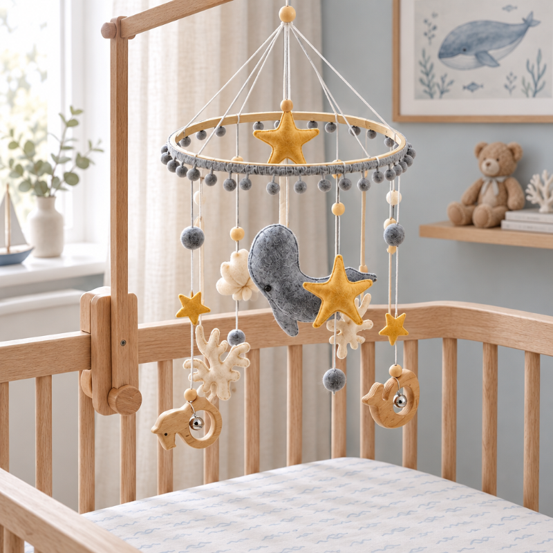 Mobile pour bébé Mobile marin dans une chambre cosy bleu doux et bois naturel