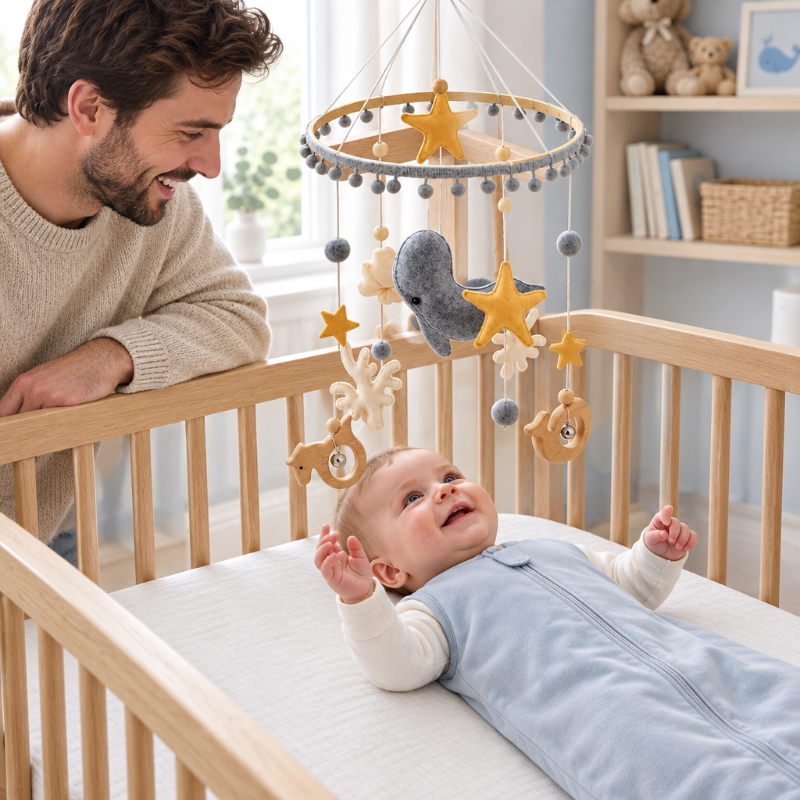 Mobile pour bébé Papa et bébé regardant le mobile marin