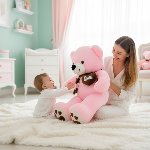 Ourson en peluche Bébé rose fille et Maman et bébé jouant avec ourson