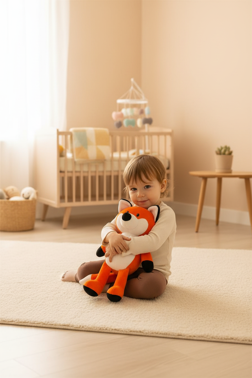 Peluche renard enfant qui serre son renard
