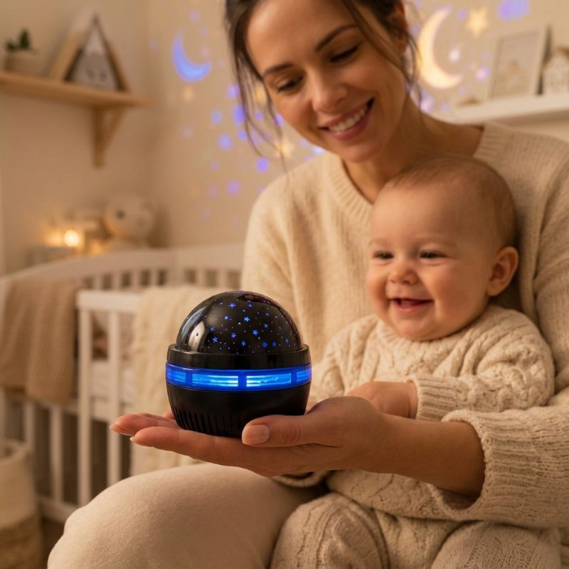 Projecteur Aurore Boréale Bébé dans les bras de maman avec le projecteur en gros plan