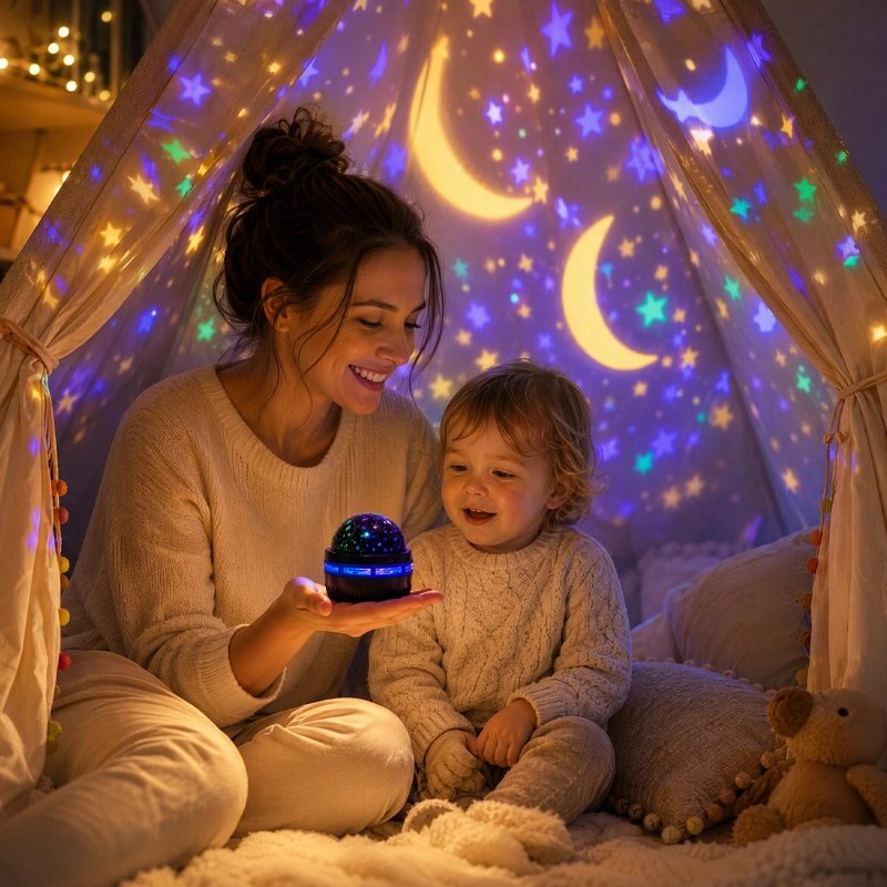 Projecteur Aurore Boréale maman qui tiens le produit