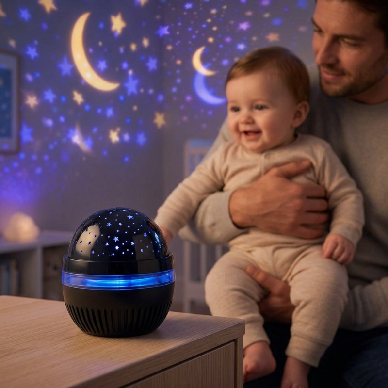 Projecteur Aurore Boréale petit  Bébé dans les bras de papa avec le projecteur au premier plan