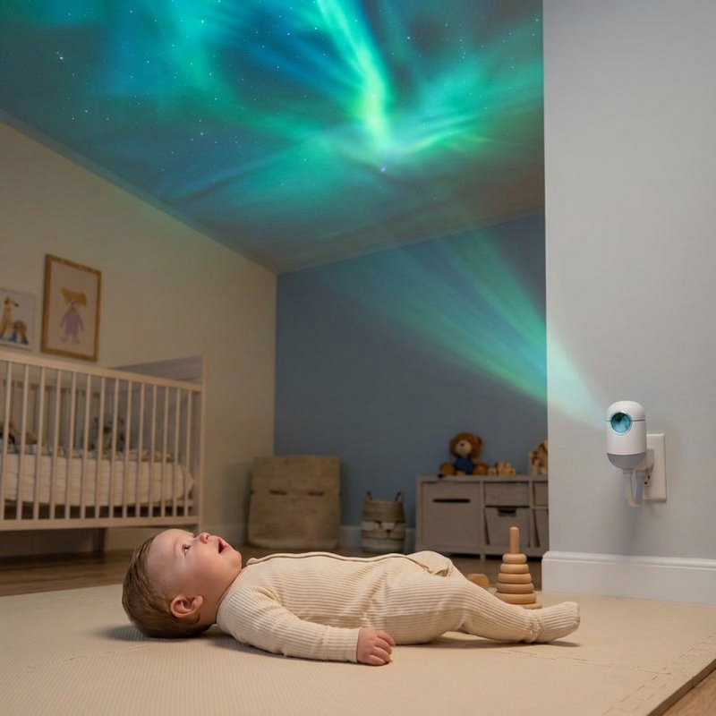 Projecteur enfant Bébé allongé admirant les aurores lumineuses