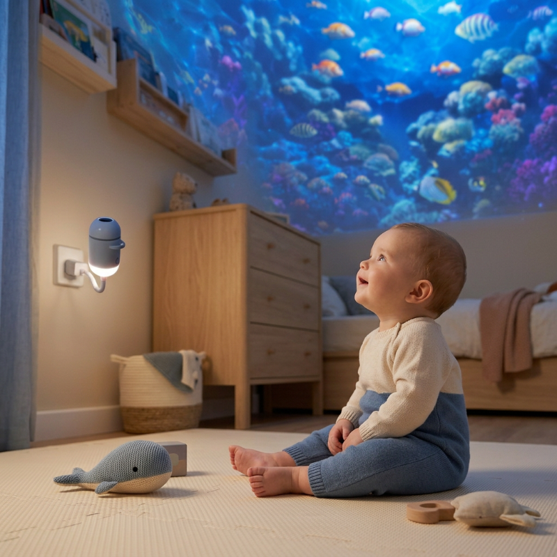 Projecteur enfant bebe son Bébé assis de profil sous les projections océaniques