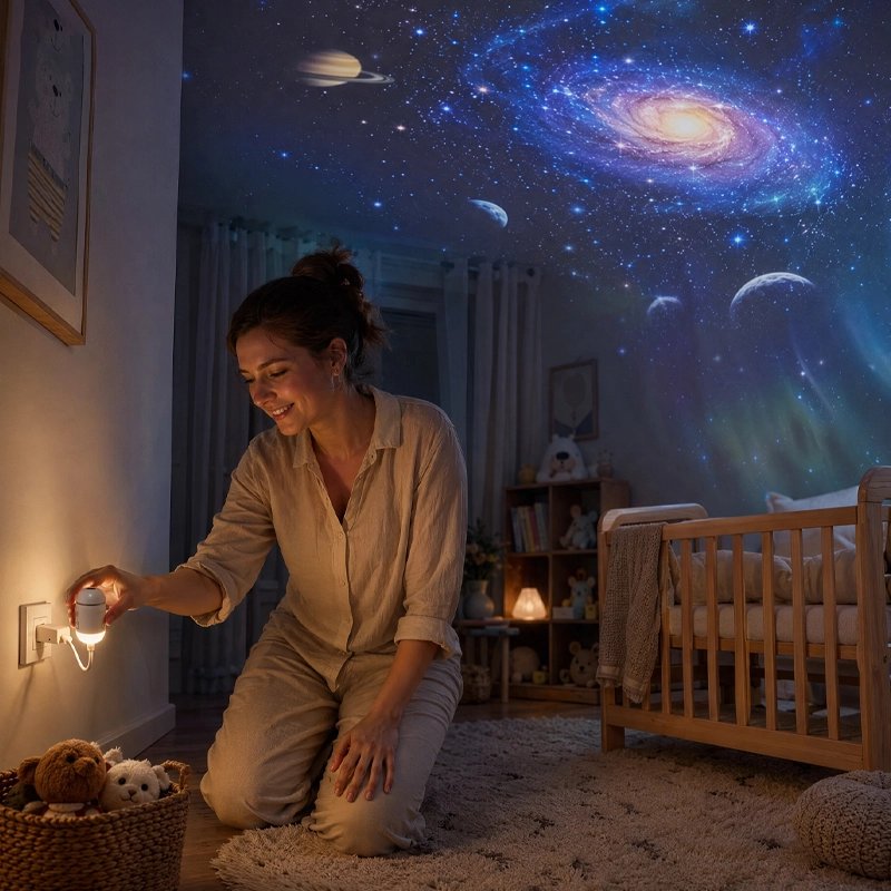 Projecteur enfant maman qui regle avec plafond espace 