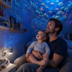 Projecteur enfant papa avec bebe regardant le ciel 