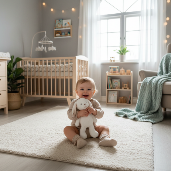 Rangement pour peluche Bébé qui tient peluche lapin