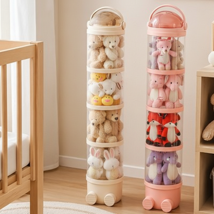 Rangement pour peluche Deux tours rangement carrée rose et pleine de toutou et peluche bebe 