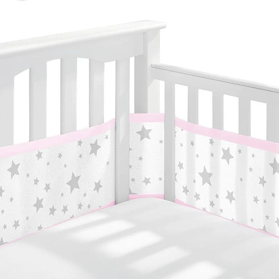 tour de lit respirant etoiles grise bandes roses 