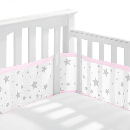 tour de lit respirant etoiles grise bandes roses 