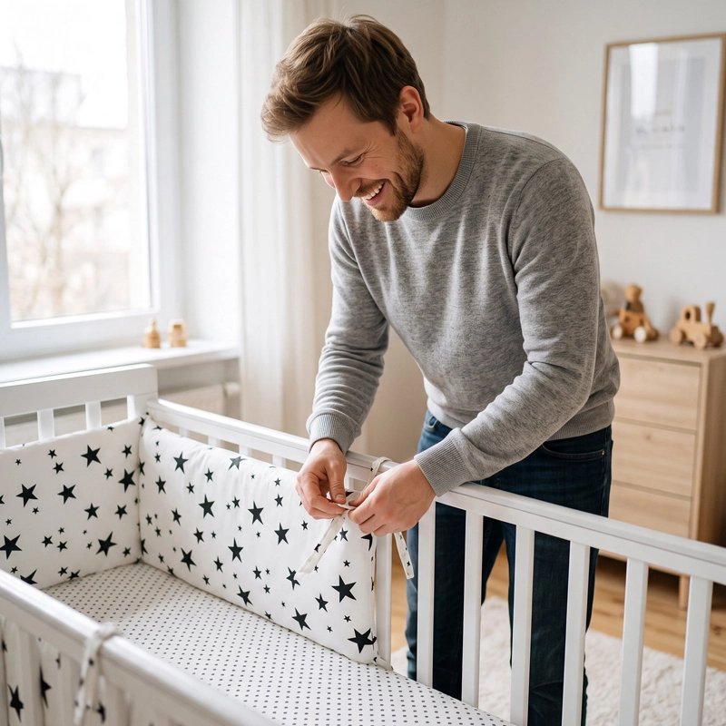Tour de lit complet pour bebe etoiles et papa qui attache le produit