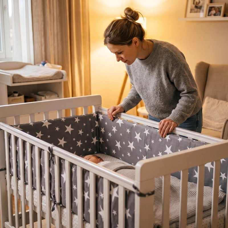 Tour de lit complet pour bebe gris et etoiles blanches avec maman 