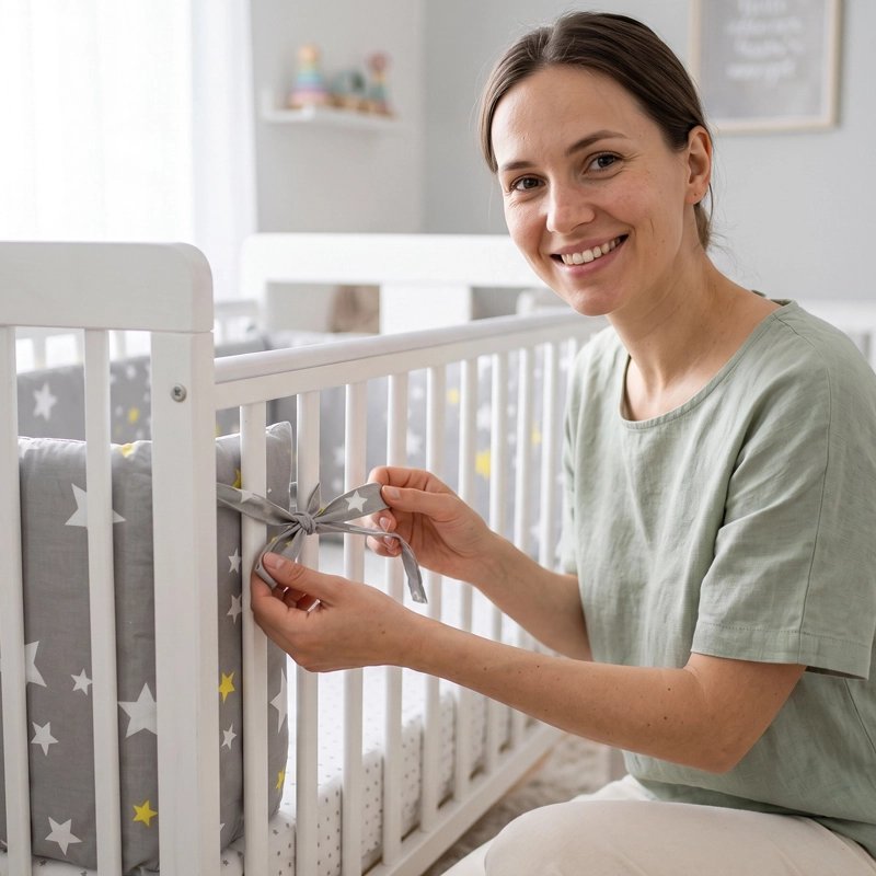 Tour de lit complet pour bebe maman qui attache le produit