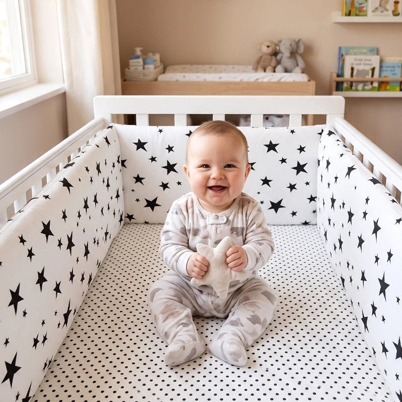 Tour de lit complet pour bebe souriant avec etoiles bleues et toutou etoile