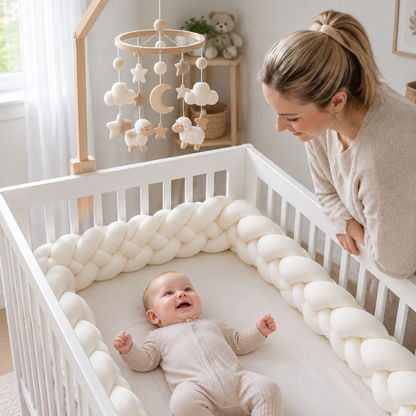 Tour de lit tressé Bébé éveillé dans une couchette avec tresse ivoire et mobile