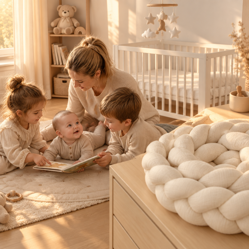 Tour de lit tressé Bébé éveillé dans une couchette avec tresse ivoire et mobile avec tresse ivoire et mobilerère et sœur avec bébé dans une chambre, tresse ivoir
