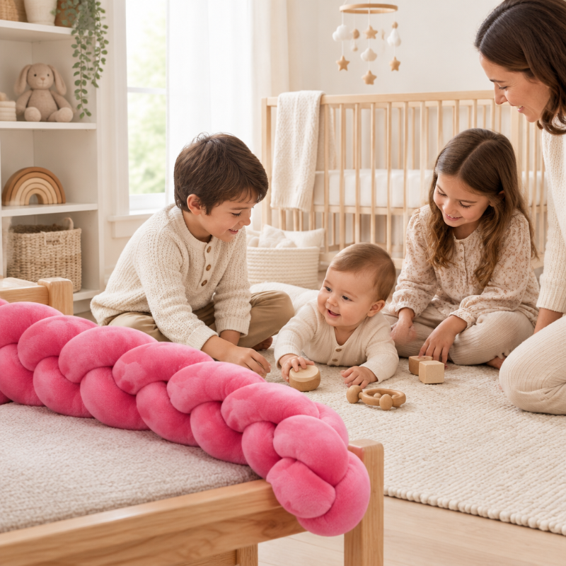 Tour de lit tressé rose et blanc  Frère et sœur avec bébé dans une chambre, tresse rose